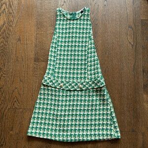 Zara Thick Knit Green Tweed/Plaid Dress with Gold Pearl Buttons